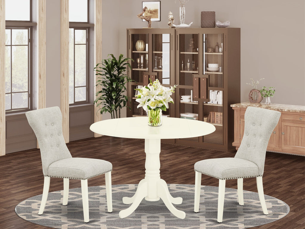 3-Piece Dining Set DLGA3-6G5-8J Round Table with Dropleaf & 2 Linen Upholstered Chairs, 42-Inch