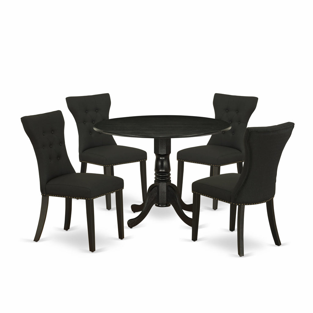 DLGA5-RSA-RC 5-Piece Kitchen Dining Ensemble with Dropleaf Round Table & 4 Elegant Chairs, Black Linen Finish
