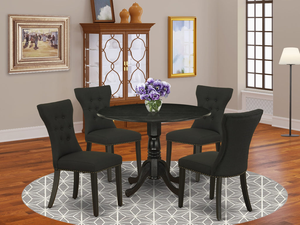 DLGA5-RSA-RC 5-Piece Kitchen Dining Ensemble with Dropleaf Round Table & 4 Elegant Chairs, Black Linen Finish