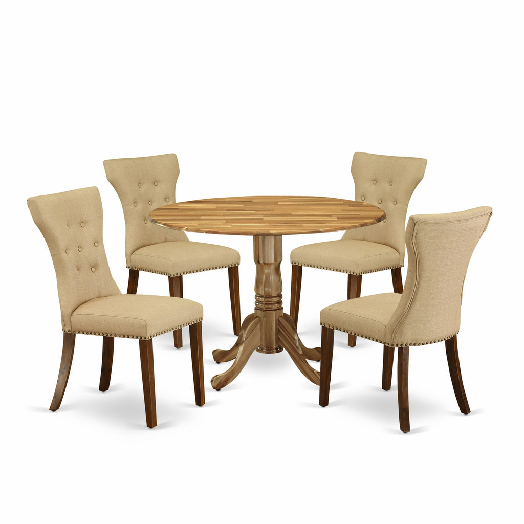 DLGA5-Y4Z-67 5-Piece Round Dining Ensemble with Dropleaf Table & 4 Brown Fabric Chairs