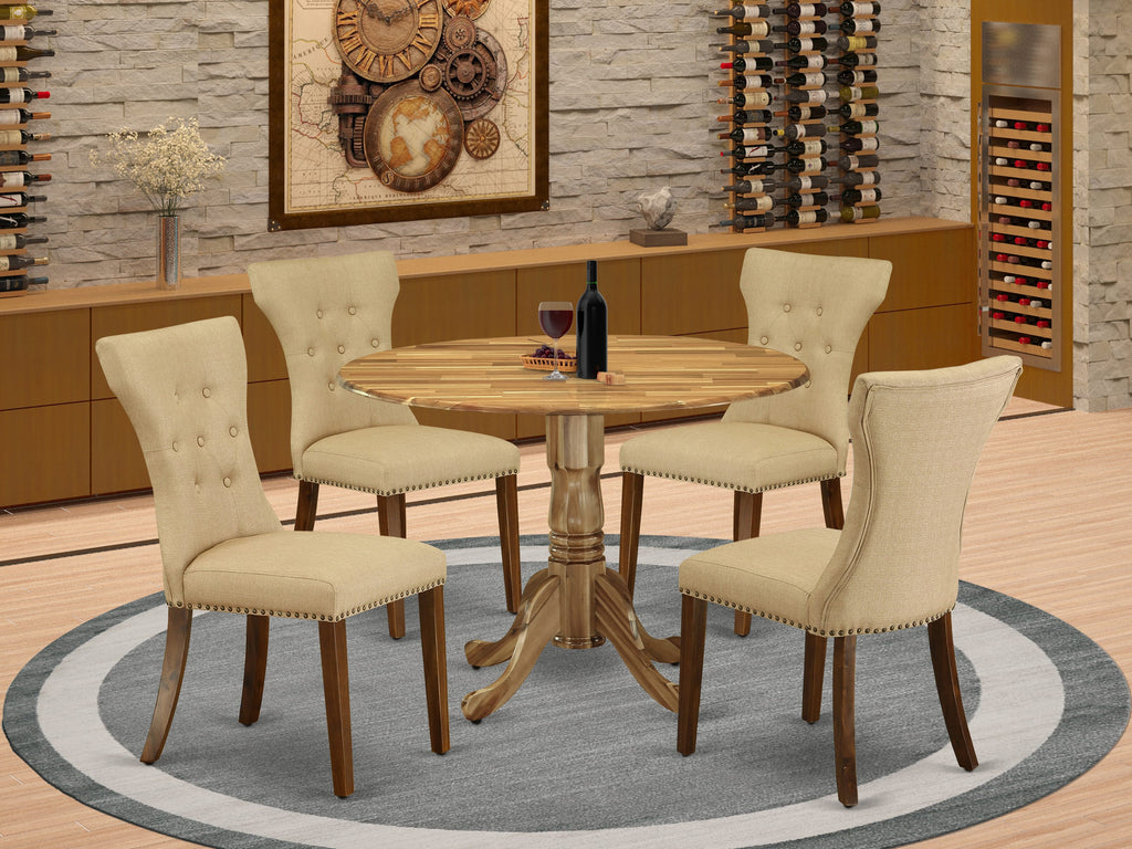 DLGA5-Y4Z-67 5-Piece Round Dining Ensemble with Dropleaf Table & 4 Brown Fabric Chairs