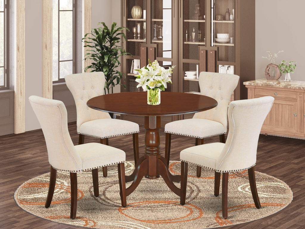 DLGA5-OM5-5L 5-Piece Round Dining Set with 4 Beige Linen Upholstered Chairs, Drop Leaf Table, 42x42 Mahogany Finish