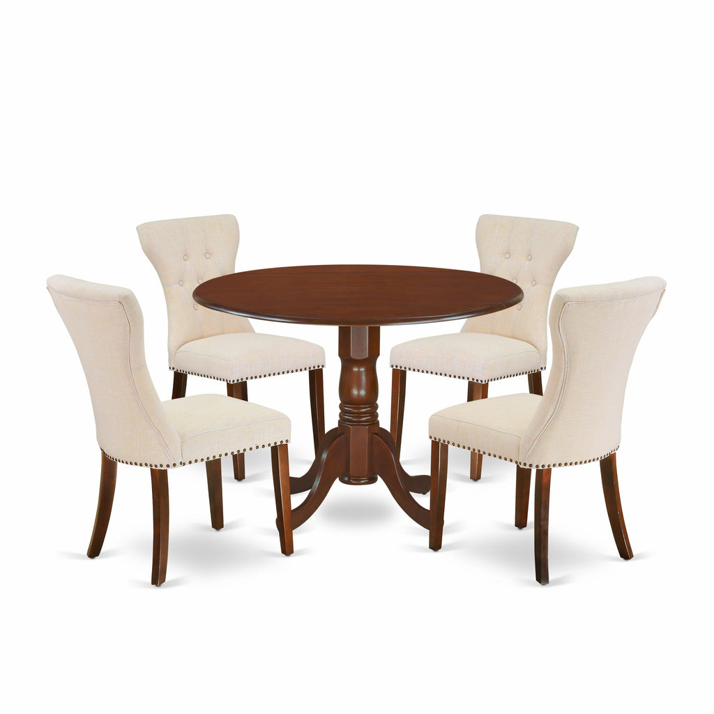 DLGA5-OM5-5L 5-Piece Round Dining Set with 4 Beige Linen Upholstered Chairs, Drop Leaf Table, 42x42 Mahogany Finish
