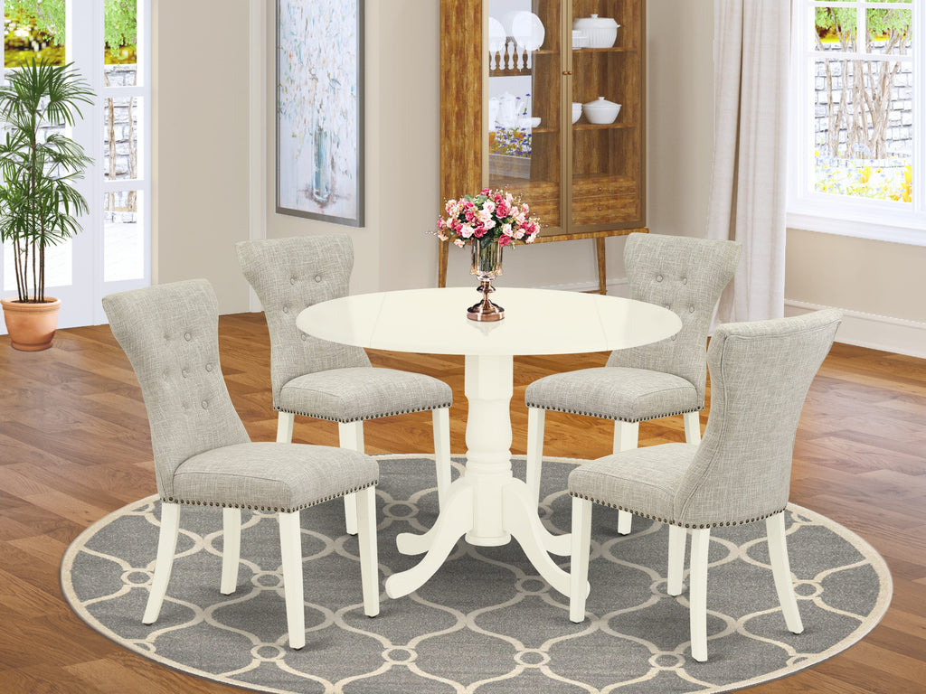 DLGA5-1M1-PY 5-Piece Dining Set with Dropleaf Round Table & Doeskin Parson Chairs, 42x42 Linen White
