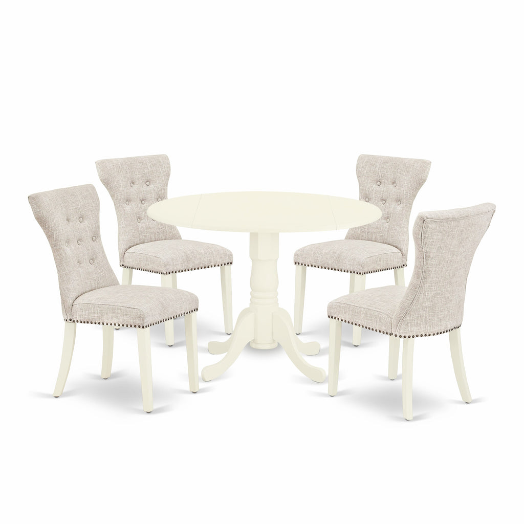 DLGA5-1M1-PY 5-Piece Dining Set with Dropleaf Round Table & Doeskin Parson Chairs, 42x42 Linen White