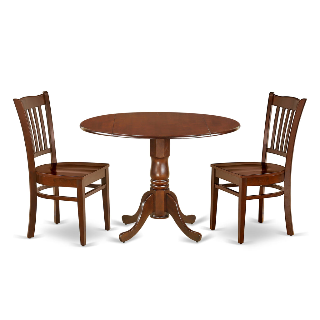 DLGR3-B0Z-T Premium 3-Piece Dining Set with Round Drop Leaf Table & 2 Comfort Seats, 42 Mahogany Wood