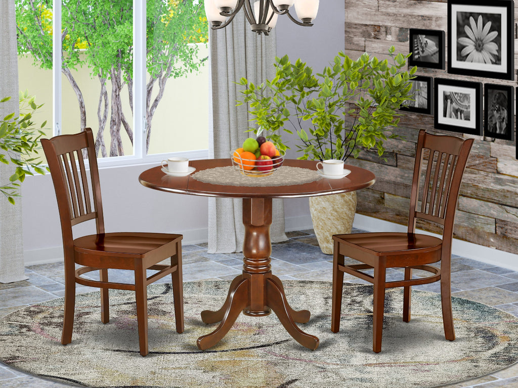 DLGR3-B0Z-T Premium 3-Piece Dining Set with Round Drop Leaf Table & 2 Comfort Seats, 42 Mahogany Wood