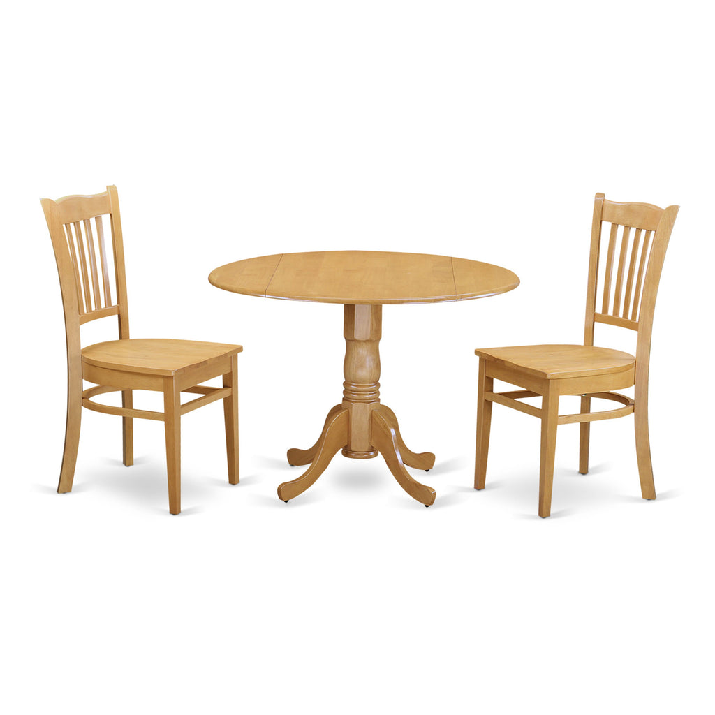 Cozy Oak Dining Ensemble DLGR3-5DL-U Dropleaf Round Table with 2 Chairs, 3-Piece Set (42x42 in)