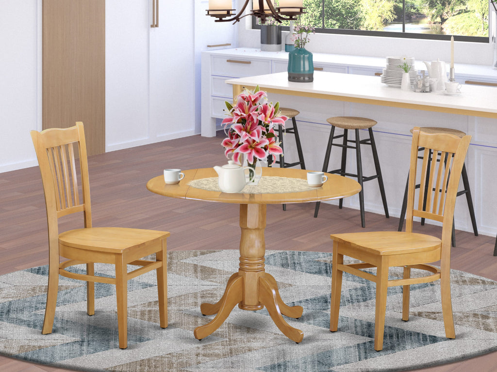 Cozy Oak Dining Ensemble DLGR3-5DL-U Dropleaf Round Table with 2 Chairs, 3-Piece Set (42x42 in)