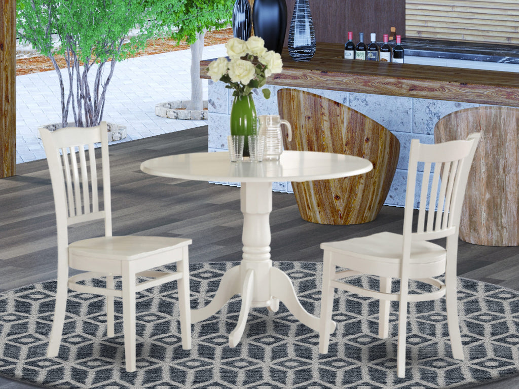 DLGR3-T9S-B Compact Round Dining Set with Dropleaf and Two Chairs, 42x42 Inch, Ideal for Small Areas, Elegant White Finish