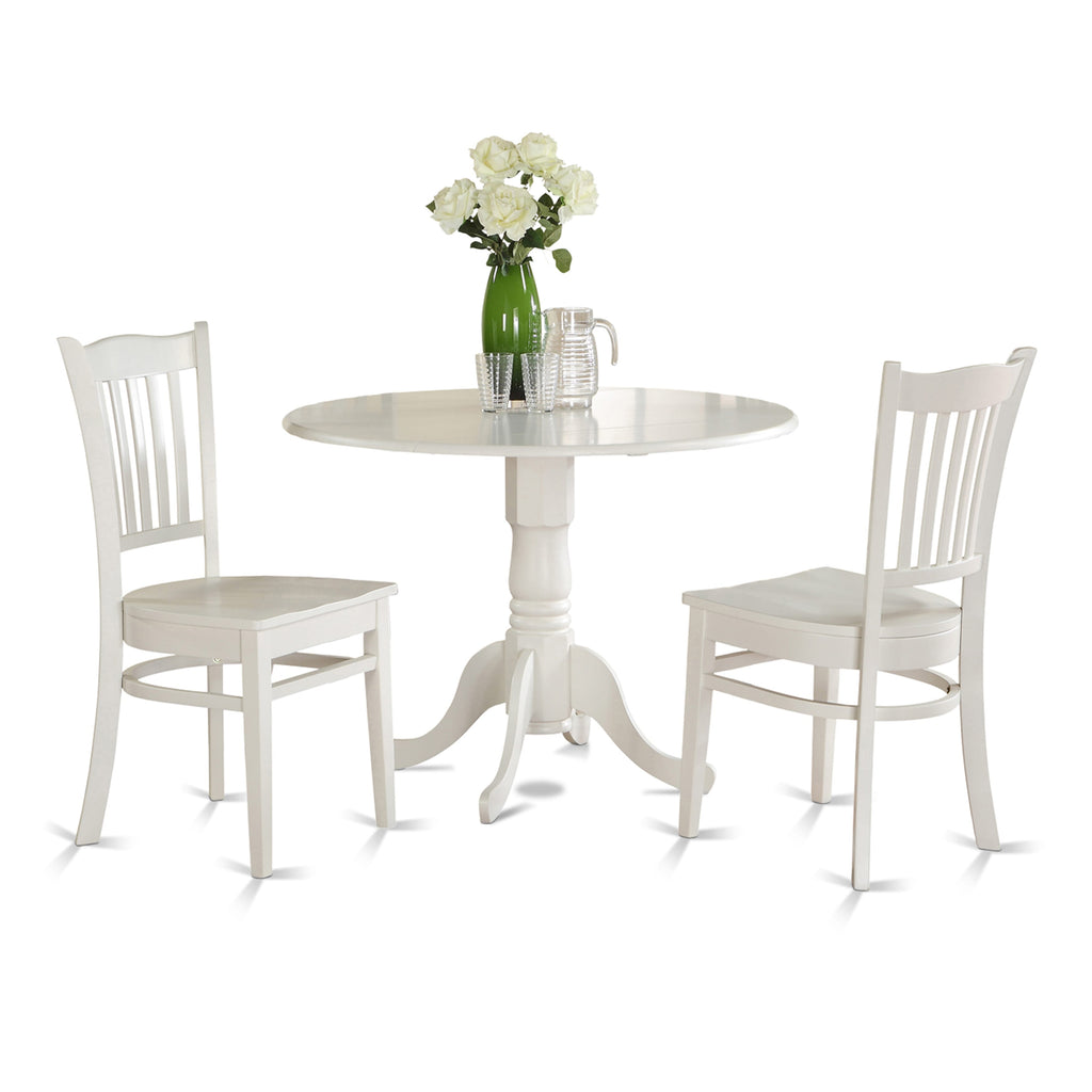 DLGR3-T9S-B Compact Round Dining Set with Dropleaf and Two Chairs, 42x42 Inch, Ideal for Small Areas, Elegant White Finish