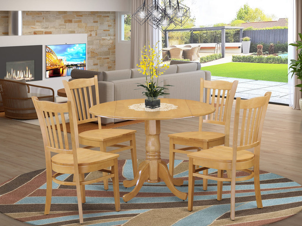 DLGR5-1RN-D Modern 5 Piece Dining Set with Round Dropleaf Table and 4 Chairs, Oak Finish, 42-inch