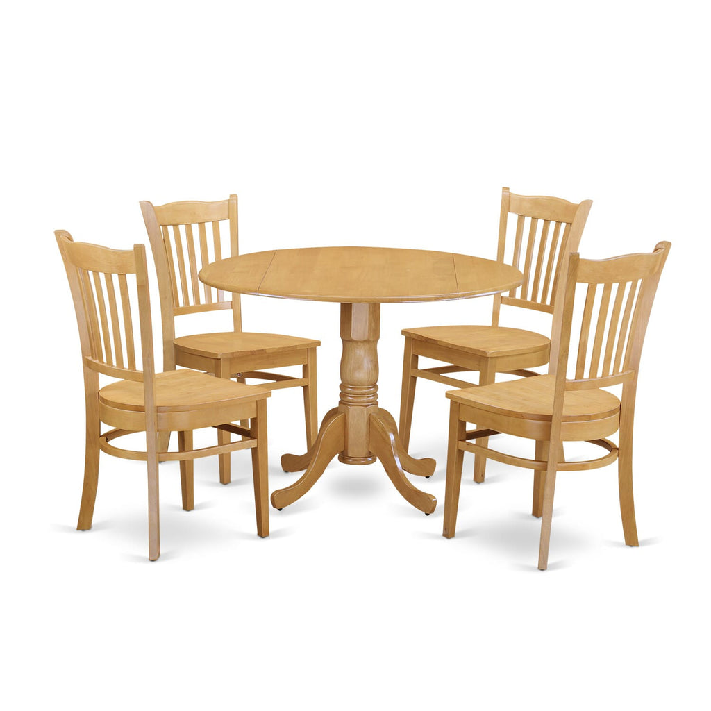 DLGR5-1RN-D Modern 5 Piece Dining Set with Round Dropleaf Table and 4 Chairs, Oak Finish, 42-inch