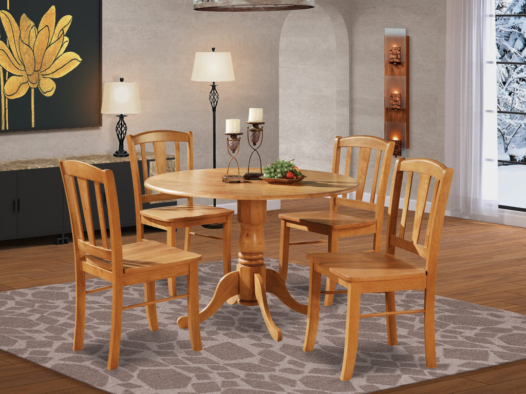 DLIN5-NUD-5 5-Piece Dining Ensemble Compact Round Table Set with Dropleaf Feature and 4 Chairs, Oak Finish