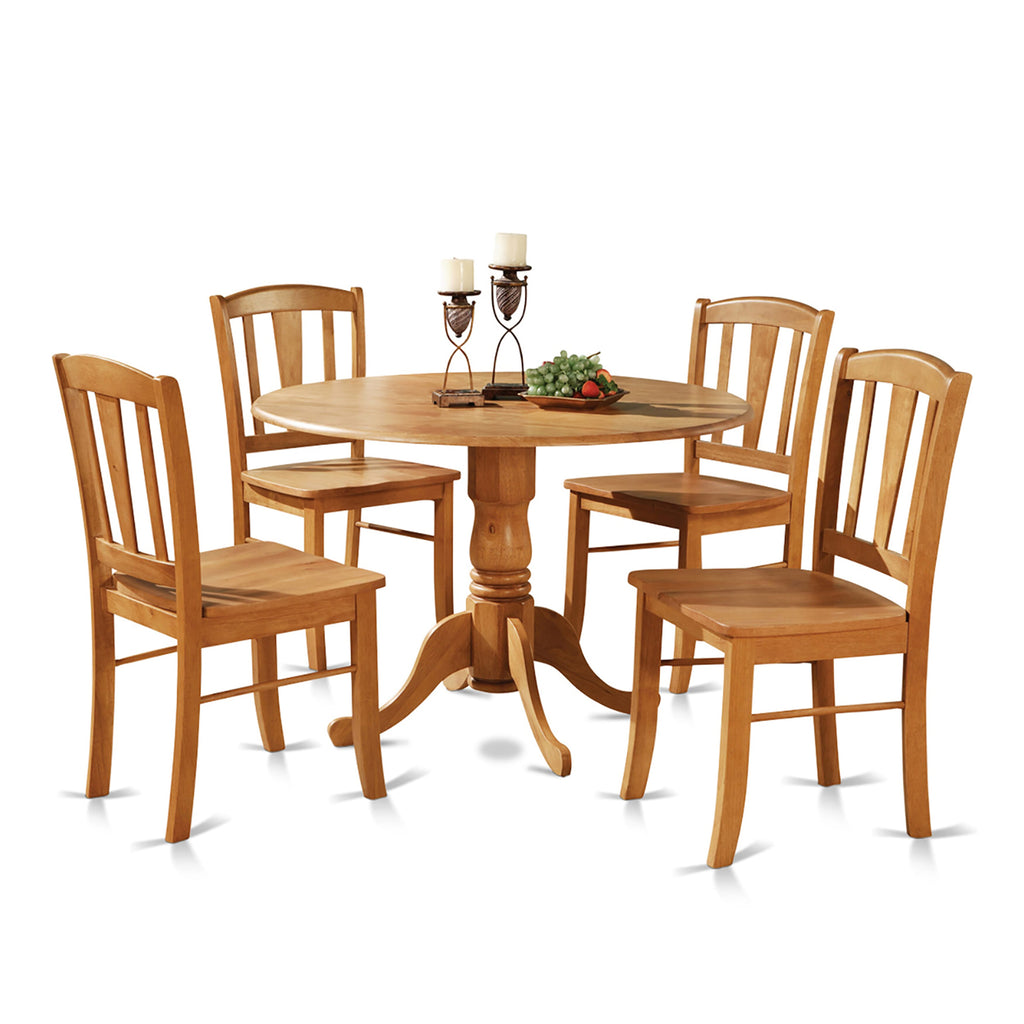 DLIN5-NUD-5 5-Piece Dining Ensemble Compact Round Table Set with Dropleaf Feature and 4 Chairs, Oak Finish