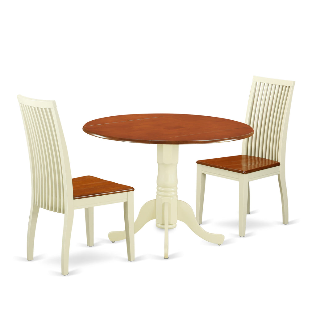 DLIP3-0X7-6 3-Piece Compact Dining Set with Round Drop Leaf Table and Pair of Chairs - Buttermilk & Cherry Wood