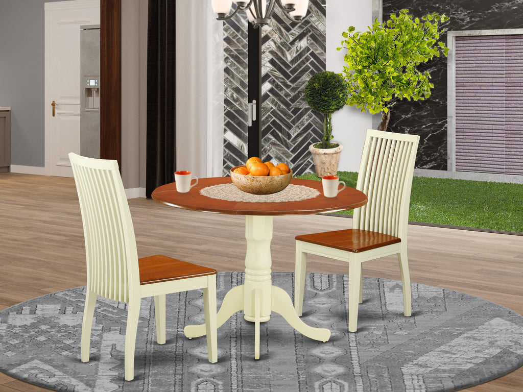 DLIP3-0X7-6 3-Piece Compact Dining Set with Round Drop Leaf Table and Pair of Chairs - Buttermilk & Cherry Wood