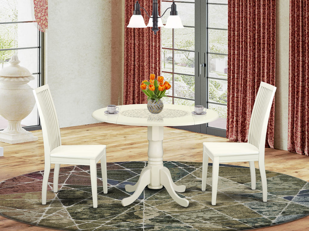 DLIP3-FX2-W 3-Piece Dinette Collection Round Drop-Leaf Table & Two Chairs for Compact Areas, 42 Linen White