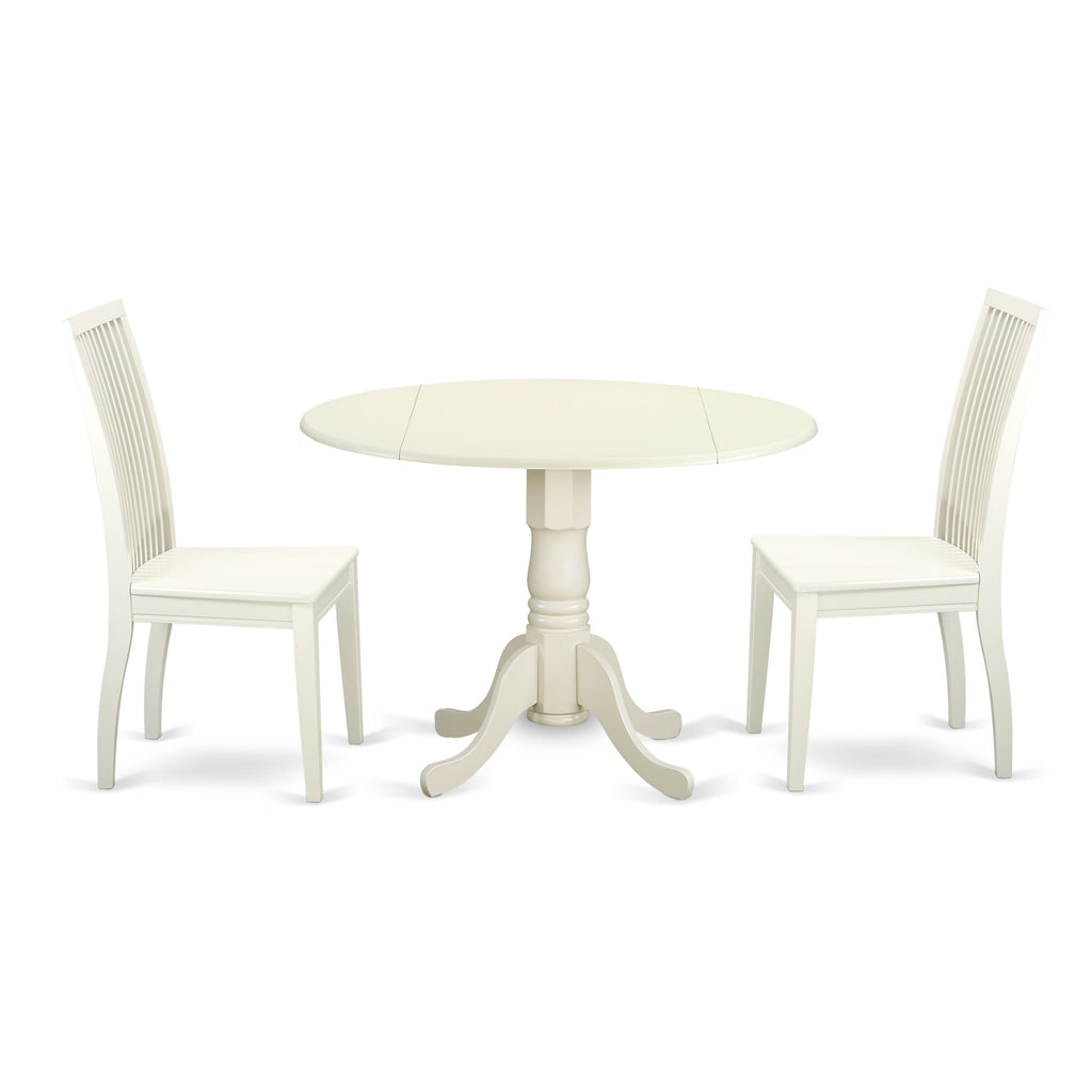 DLIP3-FX2-W 3-Piece Dinette Collection Round Drop-Leaf Table & Two Chairs for Compact Areas, 42 Linen White