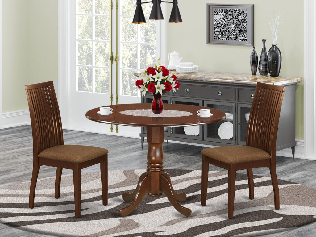 DLIP3-1JT-R Elegant 3-Piece Dropleaf Dining Set with 2 Upholstered Chairs and Mahogany Wood Table