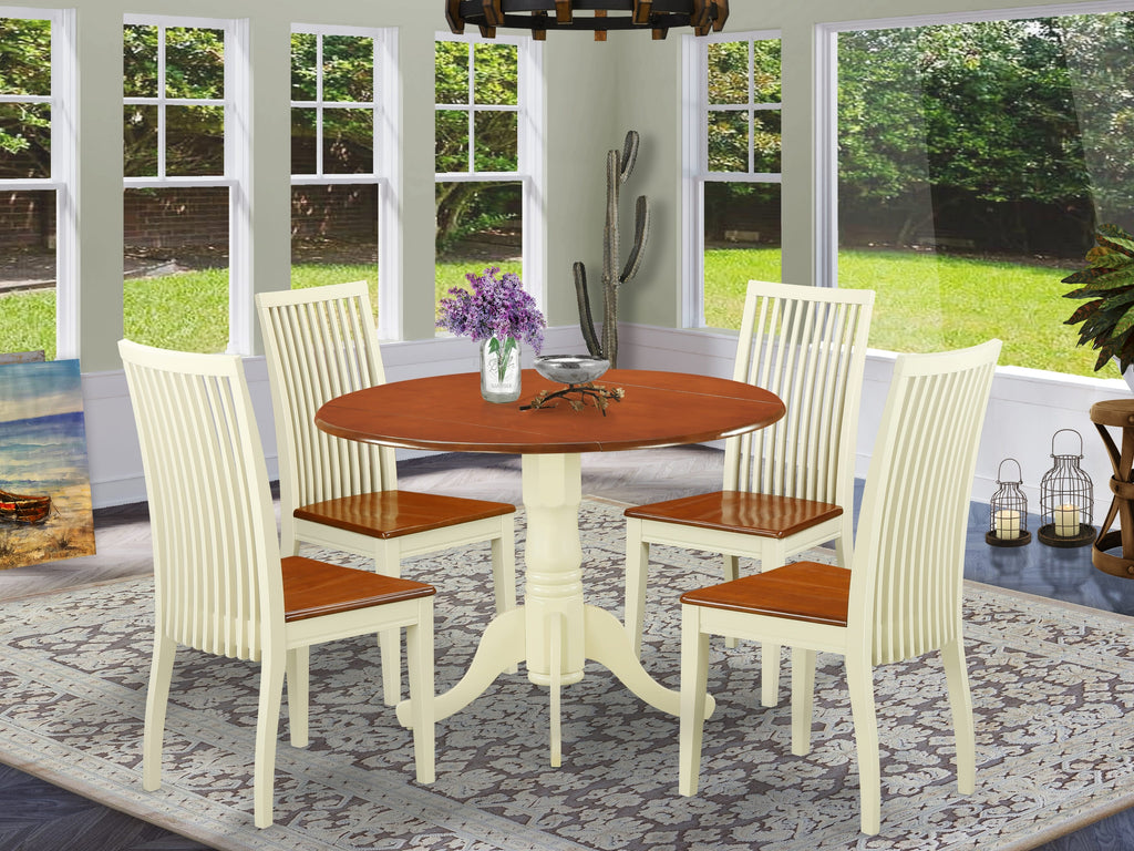 DLIP5-UXN-Y Quintet Dining Ensemble with Dropleaf Round Table and Seats for Four, Buttermilk & Cherry Style