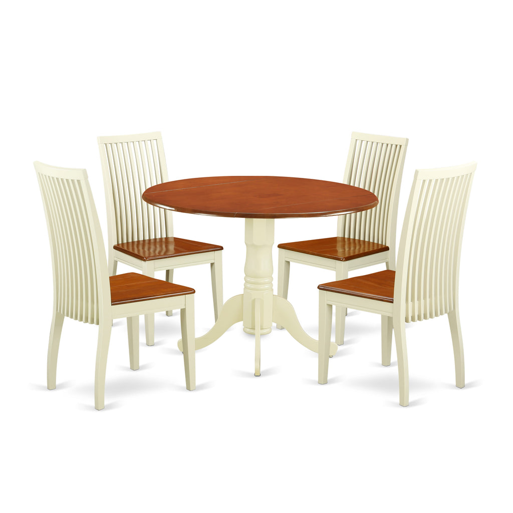 DLIP5-UXN-Y Quintet Dining Ensemble with Dropleaf Round Table and Seats for Four, Buttermilk & Cherry Style