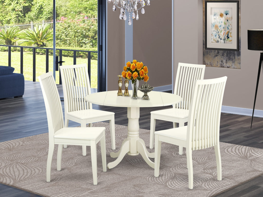DLIP5-M7D-8 5-Piece Round Drop-leaf Dining Set Featuring 42 Table and 4 Chairs, Elegant Linen White Finish