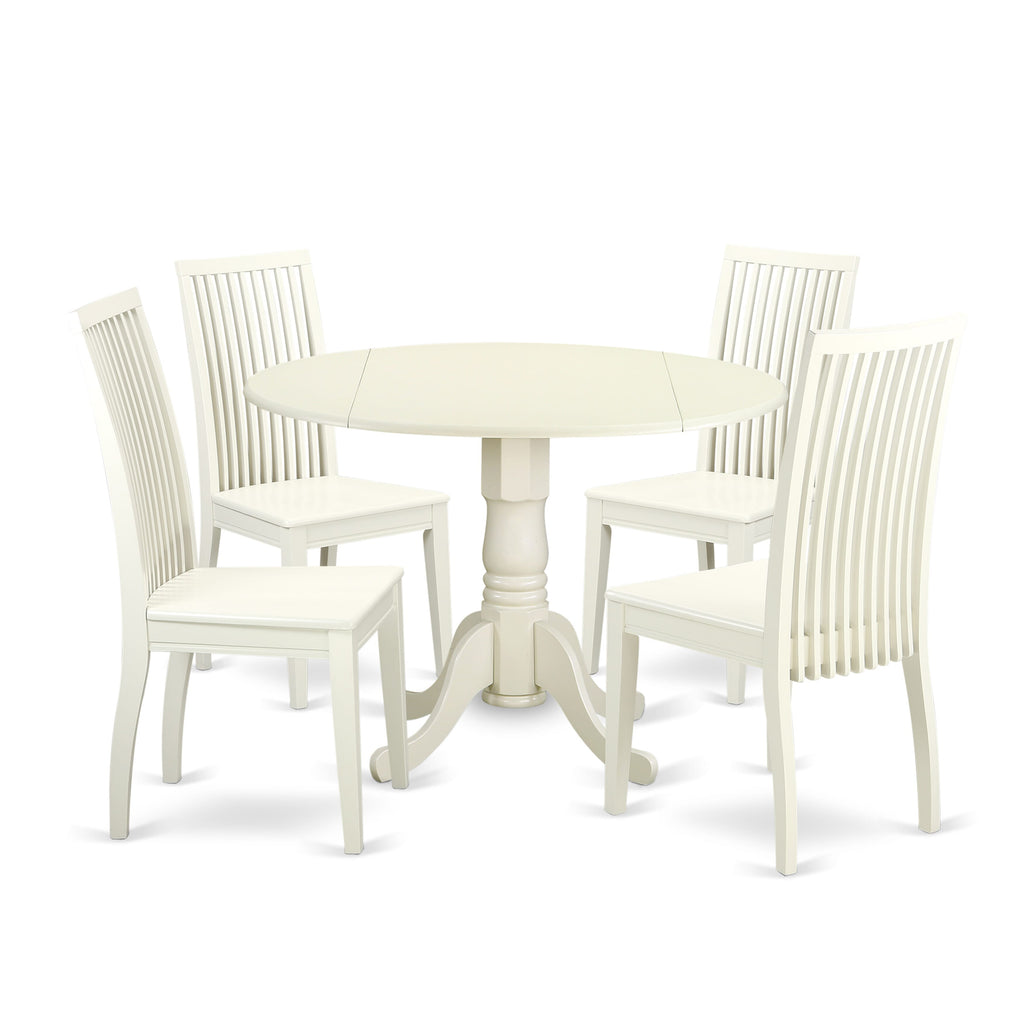 DLIP5-M7D-8 5-Piece Round Drop-leaf Dining Set Featuring 42 Table and 4 Chairs, Elegant Linen White Finish