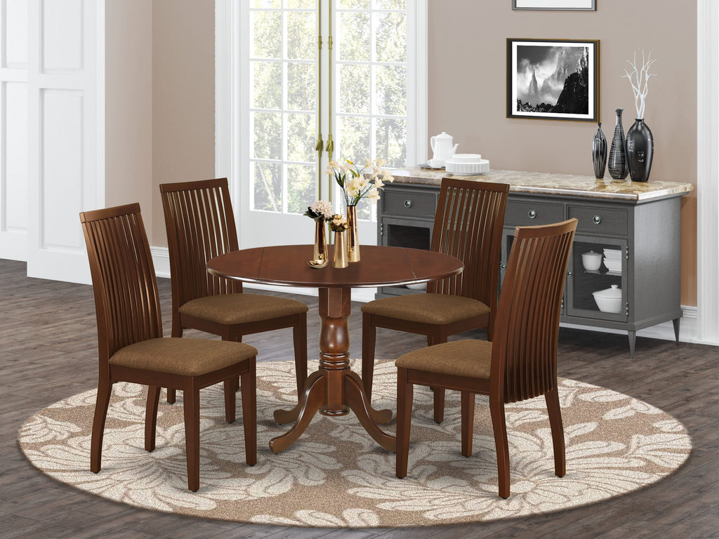 Effortless Ensemble DLIP5-I2O-5 Round Table & Linen Chairs, Modern 5-Piece Set Unveiled in Mahogany