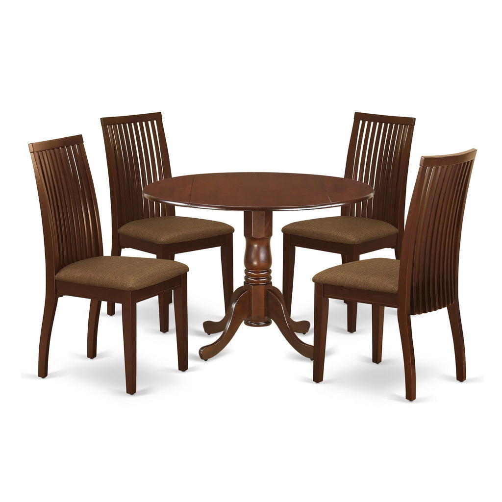 Effortless Ensemble DLIP5-I2O-5 Round Table & Linen Chairs, Modern 5-Piece Set Unveiled in Mahogany