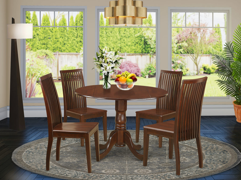 DLIP5-ZMI-J Elegant 5-Piece Mahogany Dining Set Round Table with Dropleaf and 4 Chairs, 42-Inch