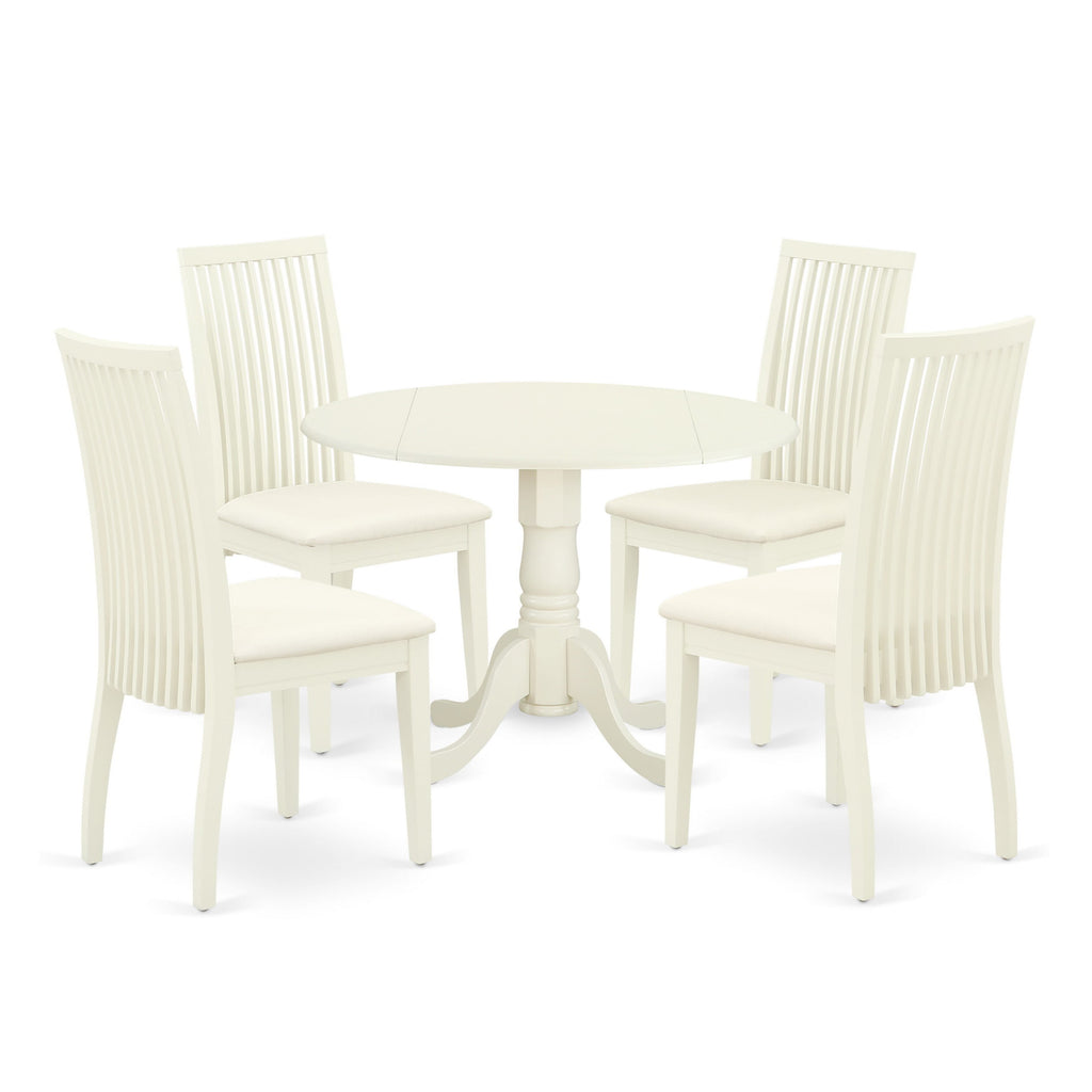 DLIP5-R9S-P Elegant 5-Piece Dining Set with Circle Table & 4 Upholstered Chairs, 42x42-Inch, Linen White Drop Leaf Design