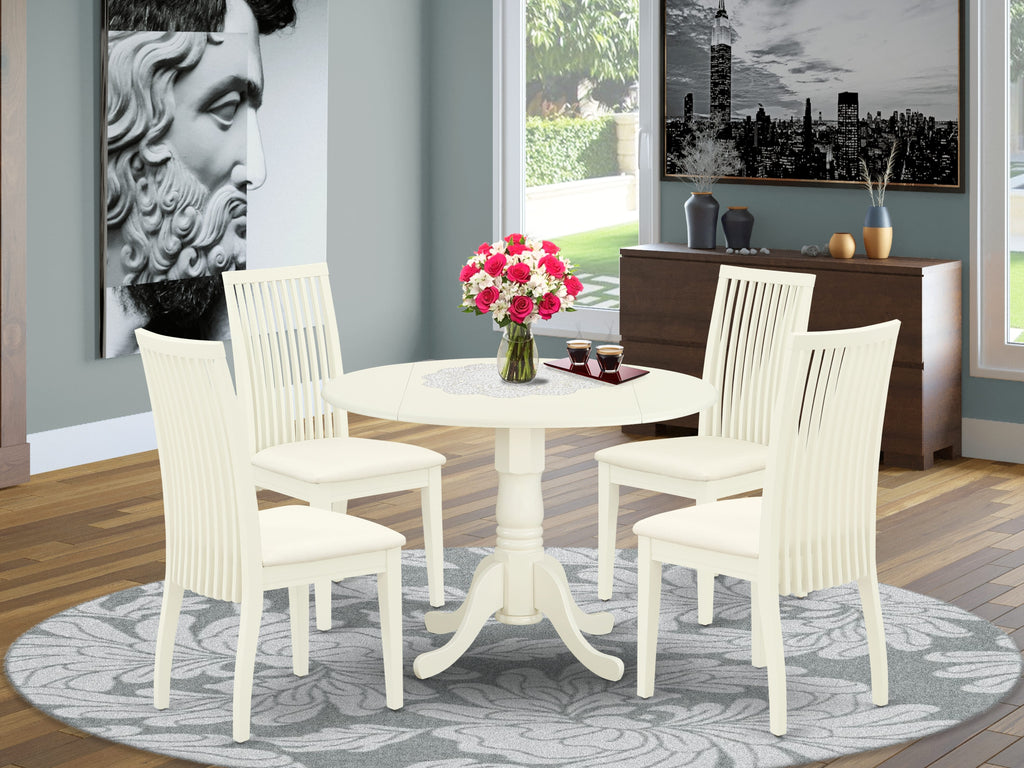 DLIP5-R9S-P Elegant 5-Piece Dining Set with Circle Table & 4 Upholstered Chairs, 42x42-Inch, Linen White Drop Leaf Design