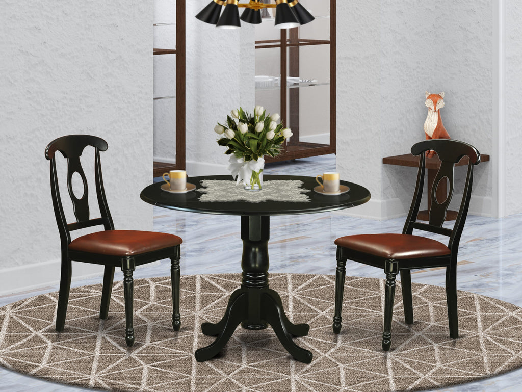 DLKE3-5IZ-JP 3-Piece Kitchen Ensemble with a Round Dropleaf Table & Black Faux Leather Seats, 42-Inch