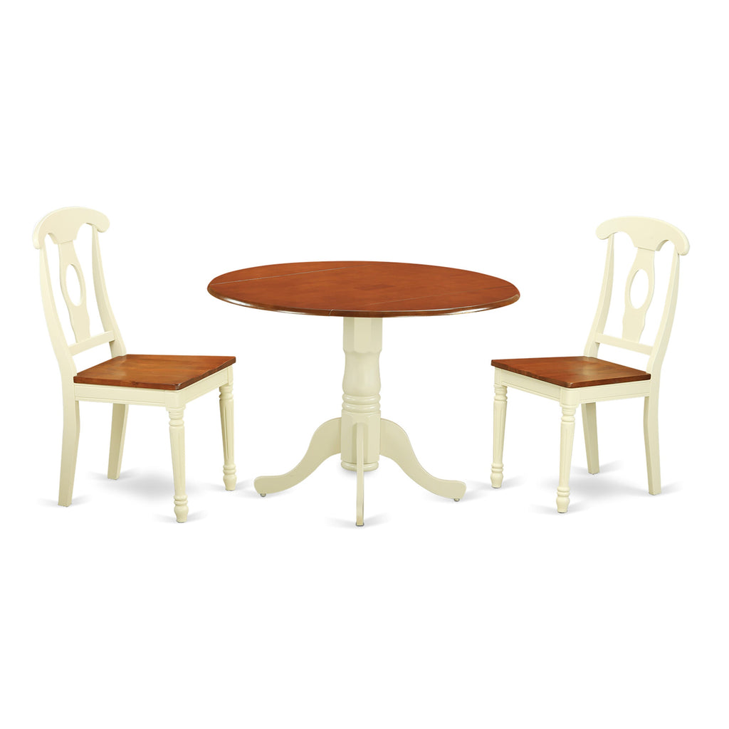 DLKE3-GFR-6 3-Piece Space-Saving Round Table Set with Foldable Leaf & 2 Chairs, Buttermilk & Cherry
