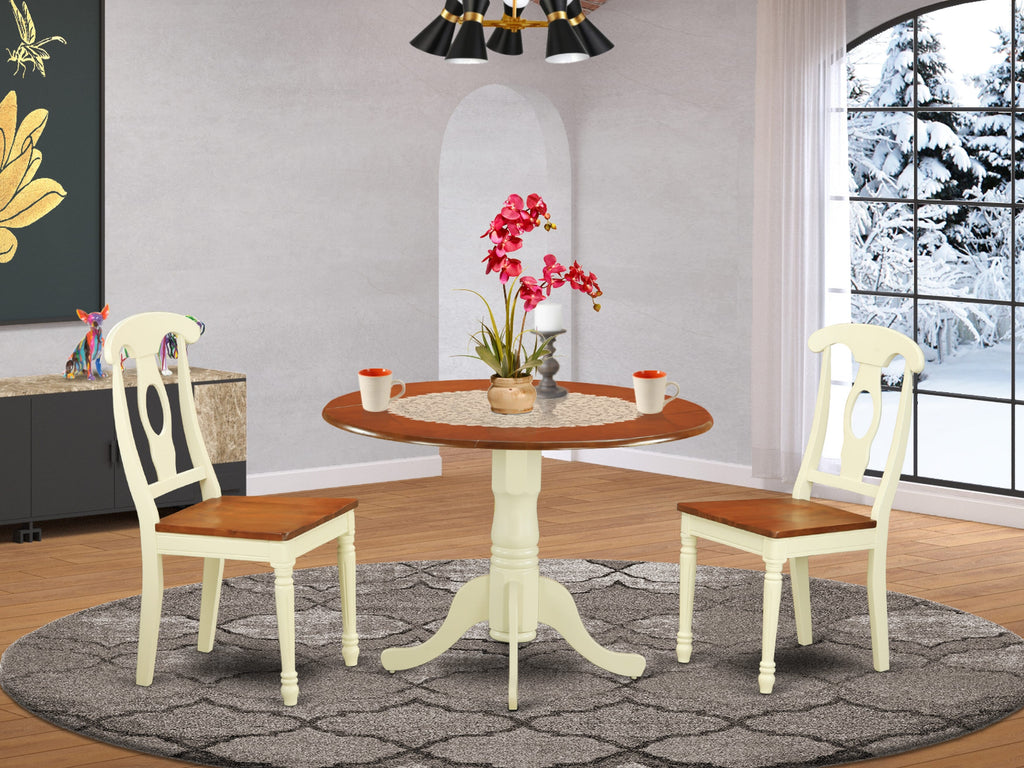 DLKE3-GFR-6 3-Piece Space-Saving Round Table Set with Foldable Leaf & 2 Chairs, Buttermilk & Cherry