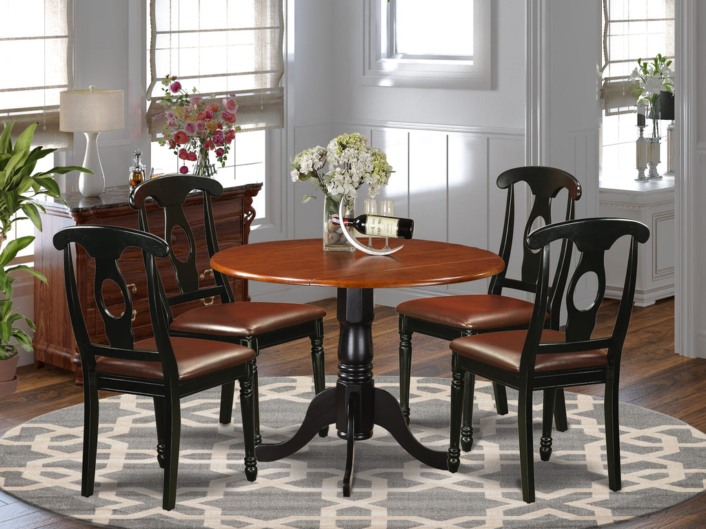 DLKE5-KGU-NC 5 Piece Round Dining Set with Dropleaf Table and 4 Faux Leather Chairs in Rich Black & Cherry Shades
