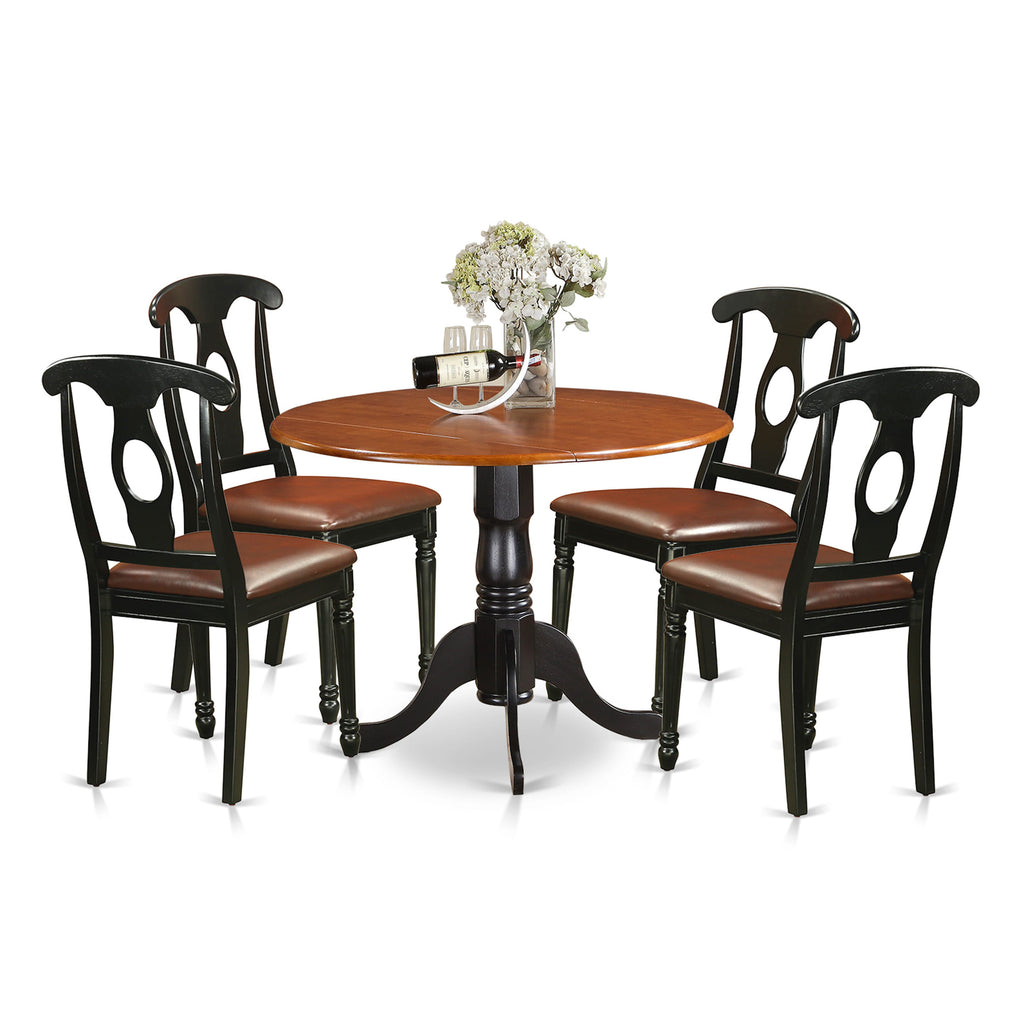 DLKE5-KGU-NC 5 Piece Round Dining Set with Dropleaf Table and 4 Faux Leather Chairs in Rich Black & Cherry Shades