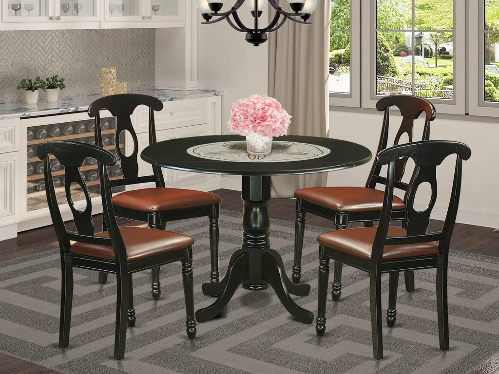 DLKE5-RKN-IT 5-Piece Dining Set with Foldable Round Table & 4 Leather Chairs, 42x42, Black