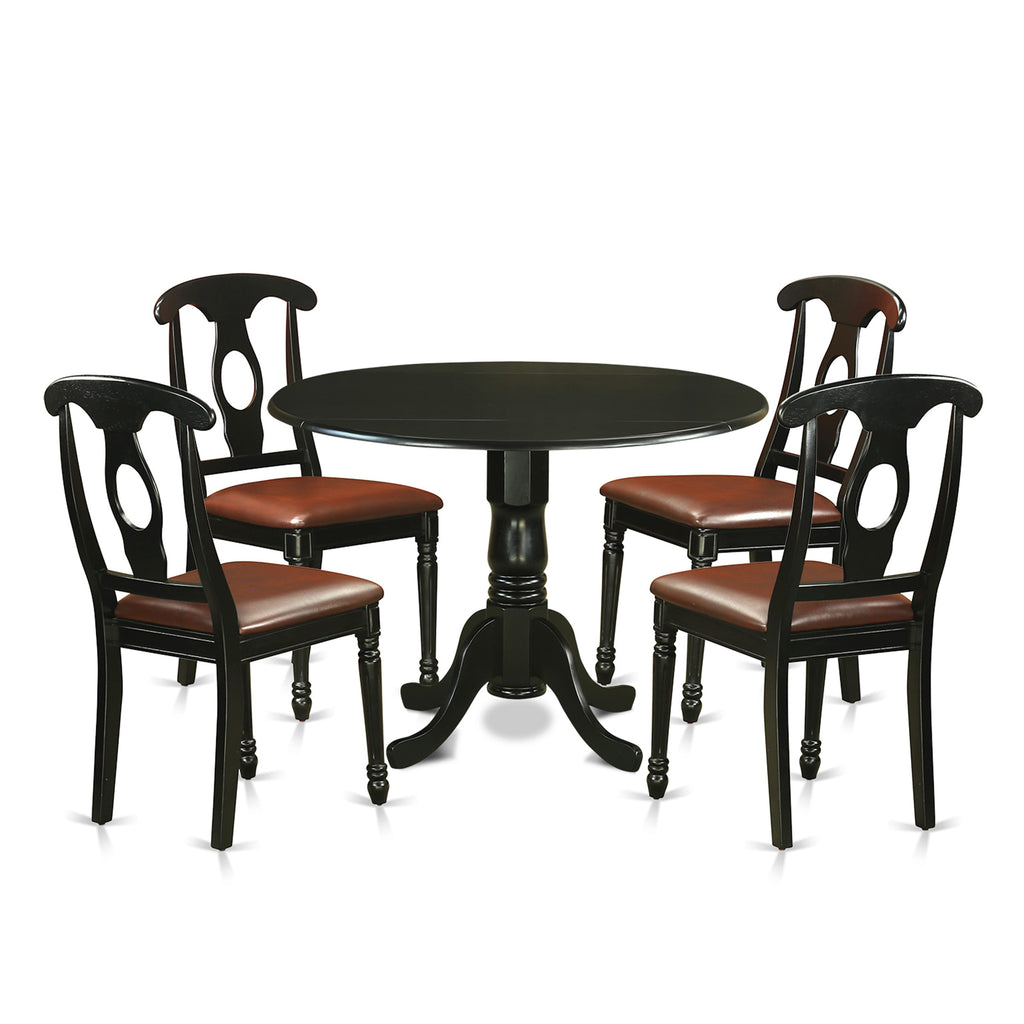 DLKE5-RKN-IT 5-Piece Dining Set with Foldable Round Table & 4 Leather Chairs, 42x42, Black