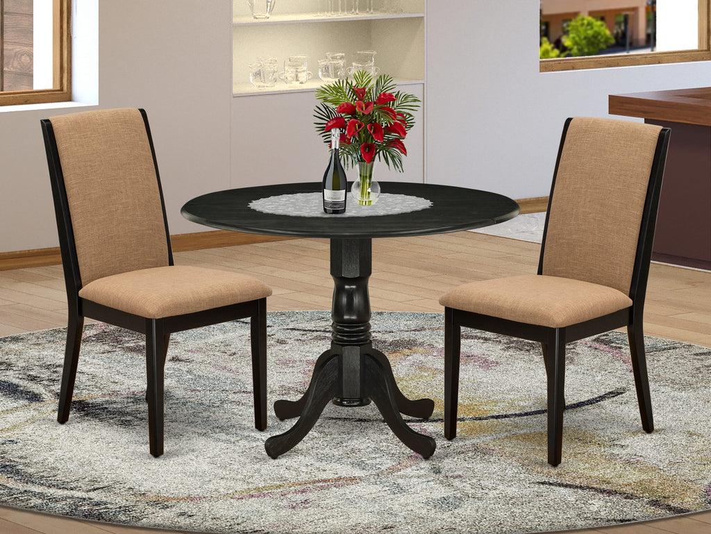 DLLA3-MO8-IM Dining Ensemble Circular Dropleaf Table & 2 Sable Linen Chairs for Breakfast Nook