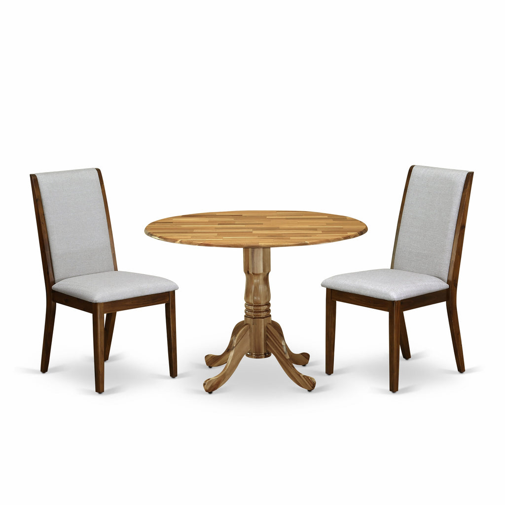 DLLA3-9R0-14 Versatile Dining Ensemble Compact Round Table & Two Grey Upholstered Chairs Set with Dropleaf