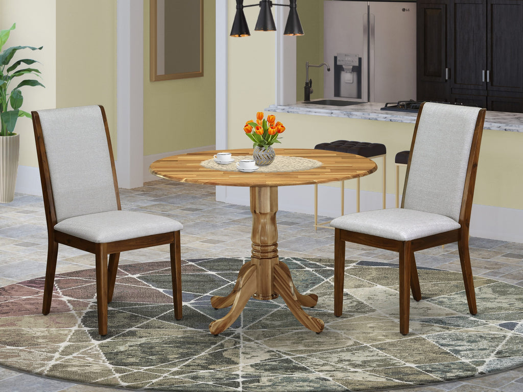 DLLA3-9R0-14 Versatile Dining Ensemble Compact Round Table & Two Grey Upholstered Chairs Set with Dropleaf