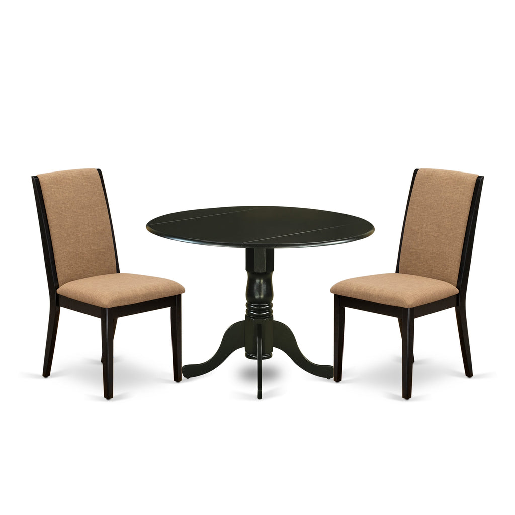 DLLA3-LQO-BY 3 Piece Round Dining Table Ensemble with Dropleaf & 2 Upholstered Seats, 42x42