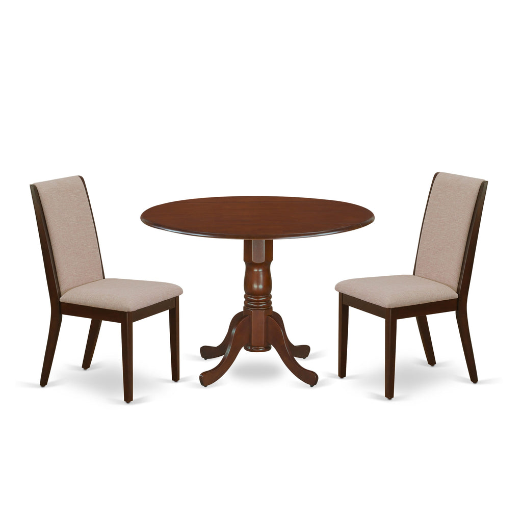 DLLA3-57R-YK Compact Dining Set Round Table with Dropleaf & Beige Linen Chairs, Mahogany Finish, 42x42