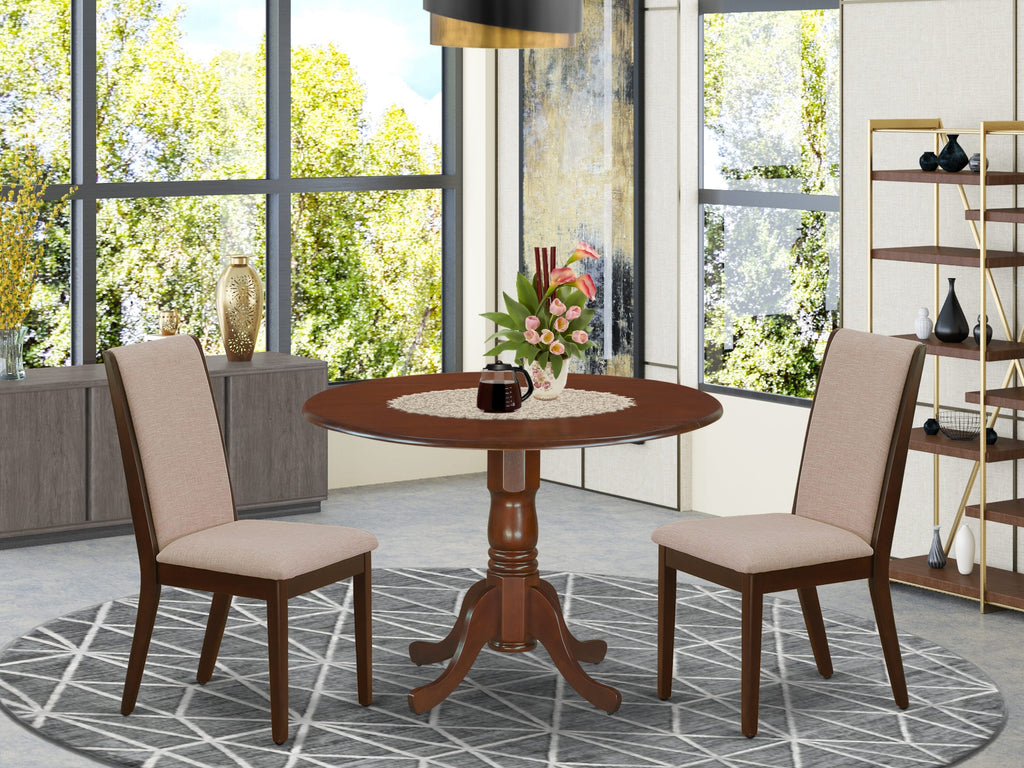 DLLA3-57R-YK Compact Dining Set Round Table with Dropleaf & Beige Linen Chairs, Mahogany Finish, 42x42