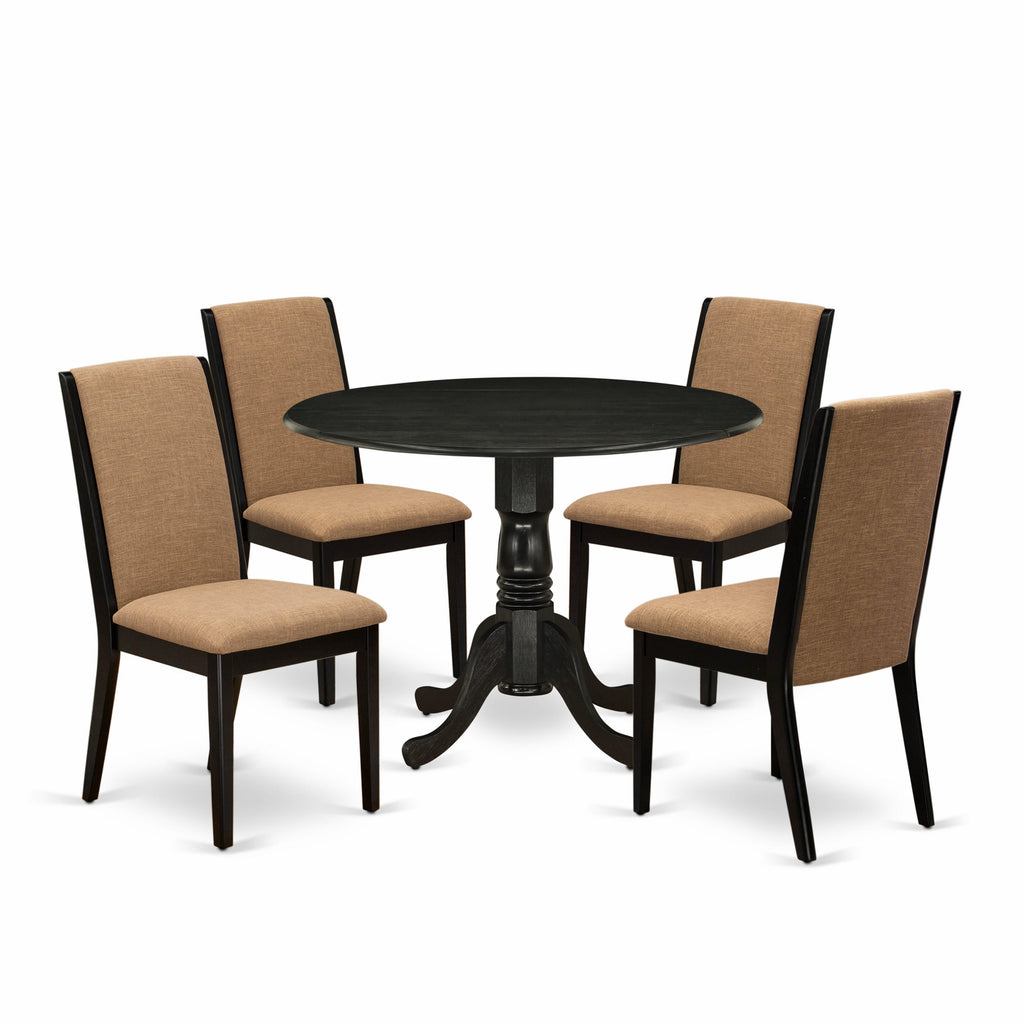 5-Piece Dining Set DLLA5-PT4-MF with Round Dropleaf Table & 4 Sable Fabric Chairs, 42-inch, Wirebrushed Black