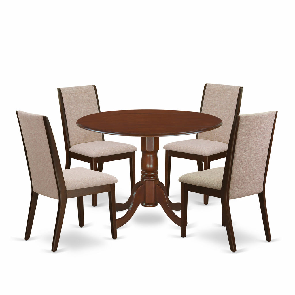 DLLA5-PMM-F9 Elegant 5-Piece Dining Collection Dropleaf Table & 4 Tan Parson Chairs, Mahogany Finish