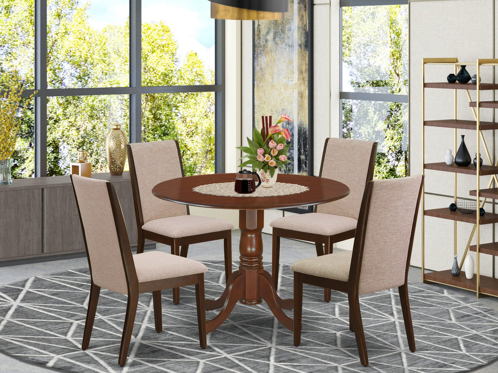 DLLA5-PMM-F9 Elegant 5-Piece Dining Collection Dropleaf Table & 4 Tan Parson Chairs, Mahogany Finish