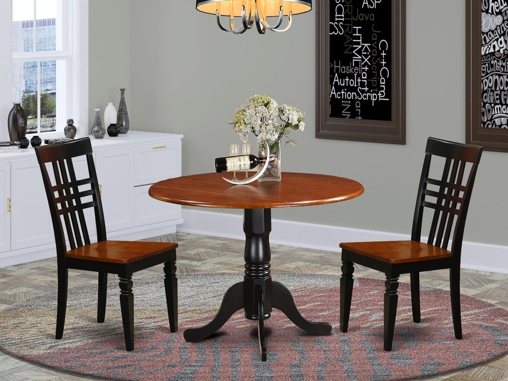 DLLG3-E5W-F Set Cherry & Black Round Table with Dropleaf and 2 Chairs - 3 Piece Dining Room Ensemble
